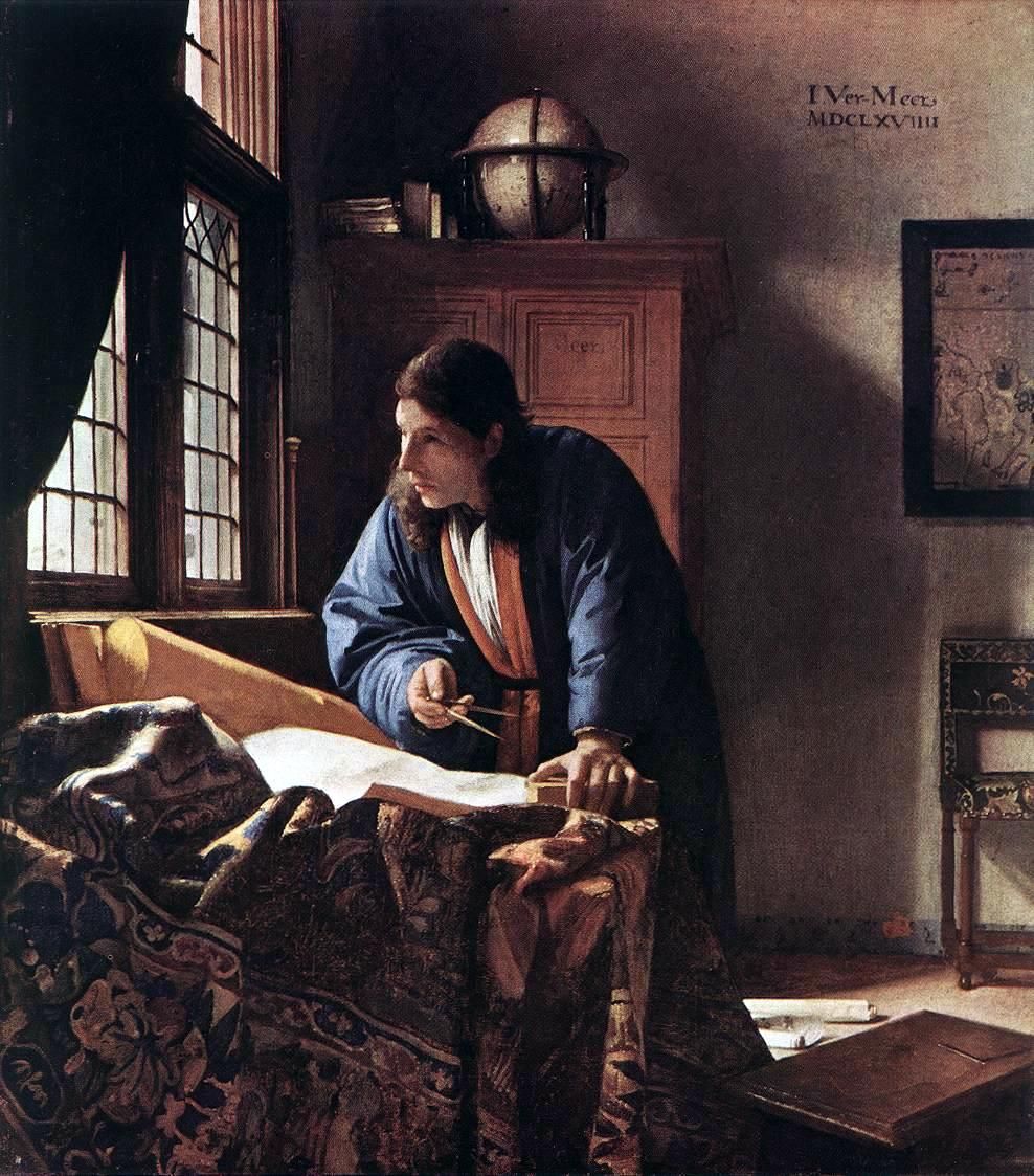 Vermeer, The Geographer, 1669. A scholar at work over charts and dividers.