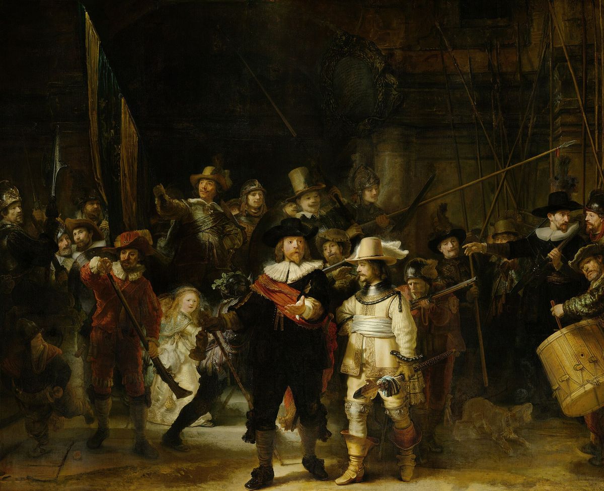Rembrandt, The Night Watch, 1642. A civic guard company assembling at night.